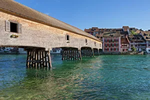 Switzerland, Canton of Thurgau, Diessenhofen, old town, wood bridge, Rhine river