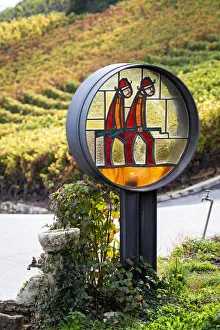 Switzerland, Canton of Valais, Saillon, One of the artworks of the Sentier des Vitraux