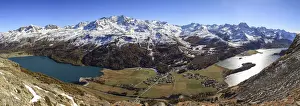 Silvaplana Lake Prints: Switzerland, Engadine, Sils lake at Silvaplana lake in autumn. Corvatsch peak snowy