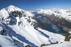Snowy Landscape Prints: Switzerland, Engadine, Silvaplana lake at Sils lake from the St Gian peak