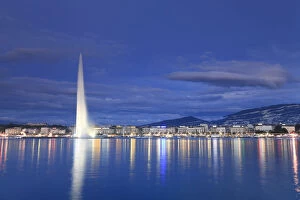 Lit Up Gallery: Switzerland, Geneva, Lake Geneva / Lac Leman and Jet d Eau Fountain