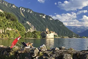 Switzerland, Vaud, Montreaux, Chateau de Chillon and Lake Geneva (Lac Leman)