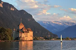 Switzerland, Vaud, Montreaux, Chateau de Chillon and Lake Geneva (Lac Leman)