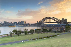 Sydney Harbour Bridge from Barangaroo Reserve at sunrise, Sydney, New South Wales