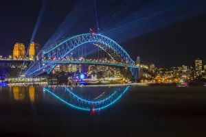 Vivid Sydney Prints: Sydney Harbour Bridge illumiated with coloured lights and lasers during Sydney Solstice