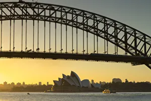Sydney Harbour Bridge and Sydney Opera House at sunrise, Sydney, New South Wales