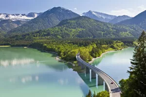 Images Dated 24th February 2010: Sylvenstein Lake and Bridge, Bavarian Alps, Bavaria, Germany
