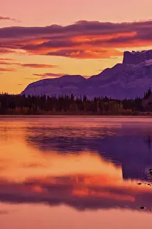 Rocky Mountains Prints: Syncline Ridge (L) and Roche Miette (R) (Miette Range) and Jasper Lake (Athabasca River)