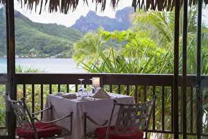 French Polynesian Prints: Table in restaurant on Sofitel Bora Bora Private Island, Bora Bora, Society Islands