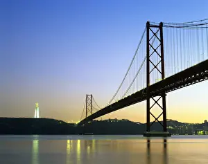 Jesus Christ Prints: Tagus river and 25th April bridge, near the huge statue of Cristo Rei. Lisbon, Portugal