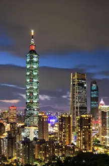 Taipei 101, Taipei Nan Shan Plaza skyscrapers and city skyline at dusk, Xinyi, Taipei, Taiwan