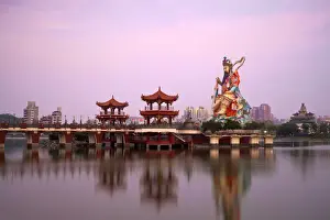 North East Asia Prints: Taiwan, Kaohsiung, Lotus pond, Bridge leading to Giant 72 meter high statue of Syuan
