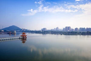 Images Dated 27th April 2012: Taiwan, Kaohsiung, Lotus pond, View of bridge leading to Spring and Autumn pagodas