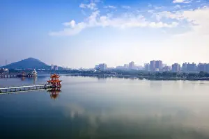North East Asia Prints: Taiwan, Kaohsiung, Lotus pond, View of bridge leading to Spring and Autumn pagodas