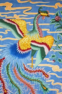 Taiwan, Kaohsiung, Lotus pond, Wall painting on Temple opposite Giant 72 meter high