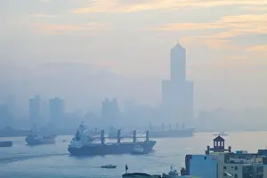 High Rise Building Prints: Taiwan, Kaohsiung, View of Cijin and harbour looking towards the city and Kaoshiung
