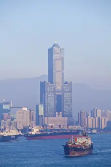 High Rise Building Prints: Taiwan, Kaohsiung, View of harbour looking towards the city and Kaoshiung 85 Sky Tower