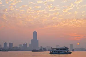 Taiwan, Kaohsiung, View of harbour looking towards the city and Kaoshiung 85 Sky Tower