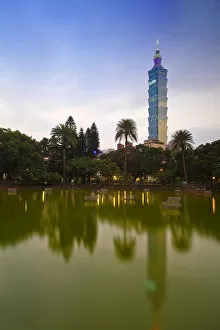 Images Dated 6th July 2012: Taiwan, Taipei, Taipei 101 reflecting in pond