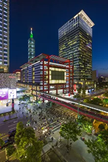 Pedestrian Bridge Prints: Taiwan, Taipei, Xinyi downtown district, the prime shopping and financial district