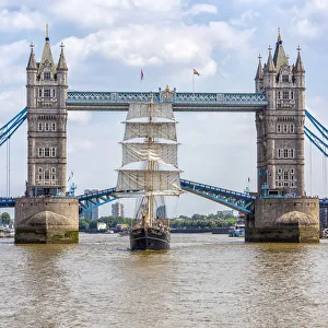 Landmarks Prints: Tall Ship Thalassa passing through the Tower Bridge, London, England