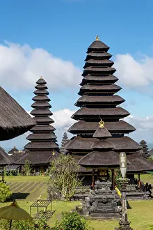 East Bali Prints: Tall thatched Merus (pagodas) at Besakih Great Temple (Pura Agung Besakih)