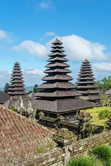 East Bali Prints: Tall thatched Merus (pagodas) at Besakih Great Temple (Pura Agung Besakih)