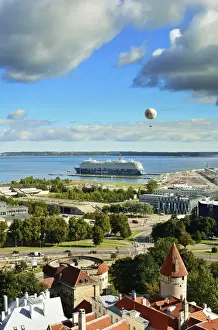 Tallinns Old Town and a cruise ship at Linnahall Harbour in the background. Tallinn