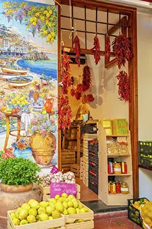 Amalfi Prints: taly, Campania. Amalfi, a little shop selling lemons and other groceries