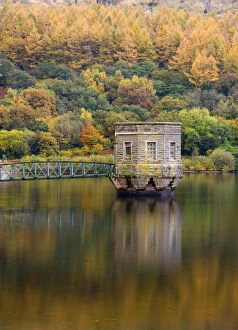 Talybont Reservoir Valve Tower and autumn foliage, Brecon Beacons National Park, Powys, Wales, UK