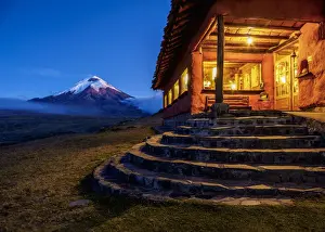 Tambopaxi Mountain Shelter and Cotopaxi Volcano at twilight, Cotopaxi National Park