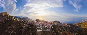 Mediterranean Area Prints: Taormina, Sicily. Aerial view of Castelmola village and Taormina in the background with