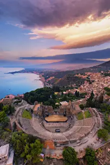 Ancient Monument Prints: Taormina, Sicily. Aerial view of the Greek theater with the Etna Volcano in
