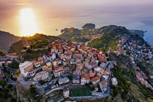 Images Dated 17th September 2020: Taormina, Sicily. Aerial view of Taormina and Castelmola village at sunrise