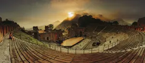 Mediterranean Area Prints: Taormina, Sicily. Panoramic view of the greek theater with Etna volcano in the background