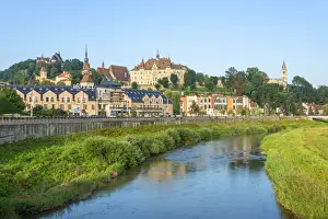 Siebenburgen Prints: Tarnava Vare river with the old town of Sighisoara in the morning light