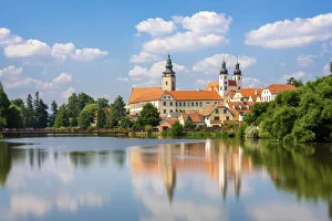 Central European Prints: Telc Chateau reflected in Ulicky pond, UNESCO, Telc, Jihlava District, Vysocina Region