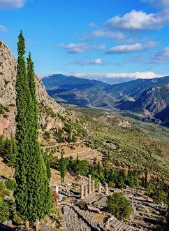 Temple Of Apollo Prints: The Temple of Apollo and Pleistos River Valley, elevated view, Delphi, Phocis, Greece
