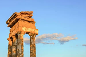 Images Dated 1st August 2023: Temple of Castor and Pollux at sunset, Valley of Temples, Agrigento, Sicily, Italy