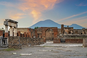 Campania Prints: Temple of Jupiter with Mount Vesuvius in the background