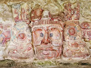 Masks Prints: Temple of the Masks, detailed view, Edzna Archaeological Site, Campeche State, Mexico