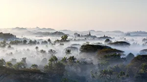 Temple in the mist at dawn, Mrauk U, Burma, Myanmar