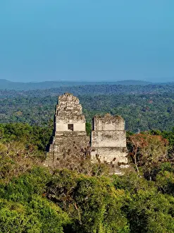 Step Prints: Temples I and II, elevated view, Tikal, Peten Department, Guatemala