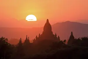 Temples Prints: Temples and pagodas at sunset, Bagan, Mandalay region, Myanmar (Burma), Asia