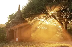 Temples Prints: Temples at sunset with sunbeams