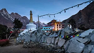 Prayer Flags Prints: Tengboche Monastery and mani (prayer) wall, Tengboche, Solukhumbu, Nepal