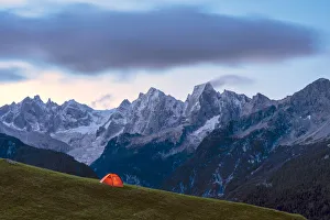 Camp Prints: Tent in front of Sciore group at dawn, Tombal, Soglio, Val Bregaglia