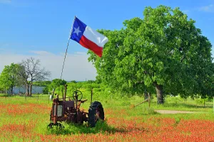 Vehicles Prints: Texas flag on a 1935 John Deer tractor in a field of paintbrush, Burnet County, Texas, USA