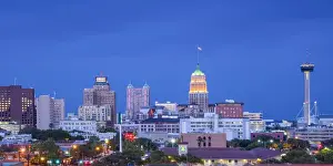 Lone Star State Prints: Texas, San Antonio, Skyline, Illuminated Tower Life Building, Tower Of The Americas