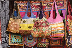 Textiles Prints: Textiles for sale in a local market in Udaipur, Rajasthan, India, Asia